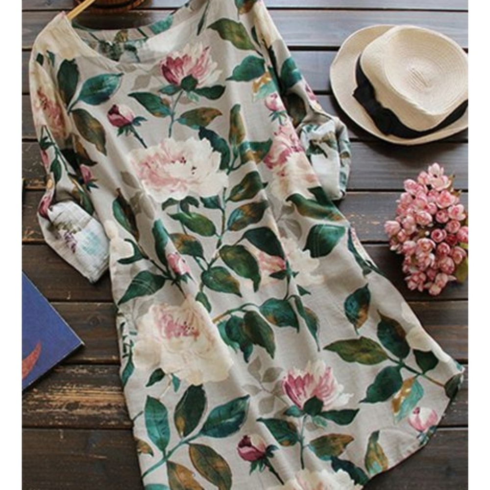Long sleeve linen dress - flowers