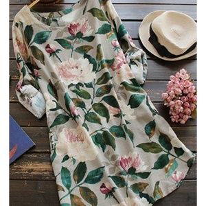 Long sleeve linen dress - flowers