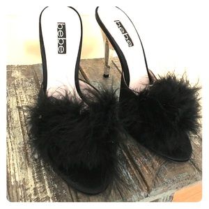 Bebe Black Maribou Bedroom Slide Heels Sz. 6.5