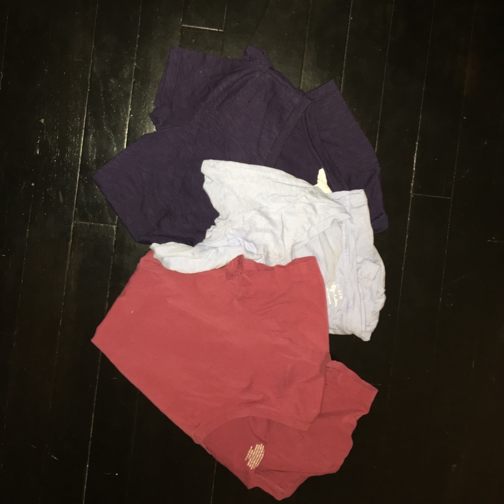 Red, navy, and light blue tshirts!