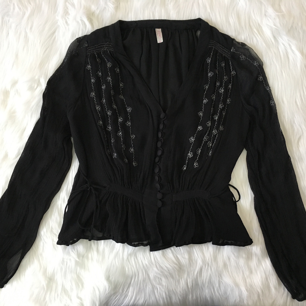 Free People Embroidered Boho Side Tie Top Small