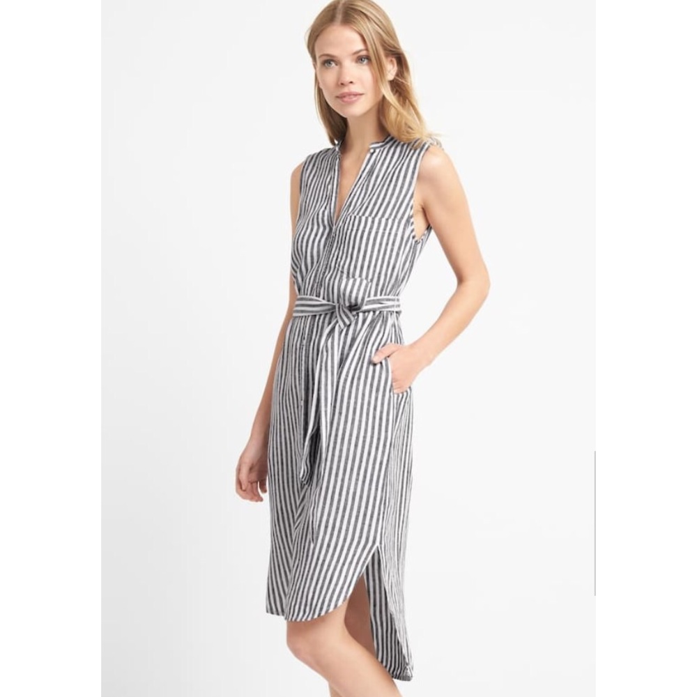 Linen Sleeveless Stripe Shirtdress