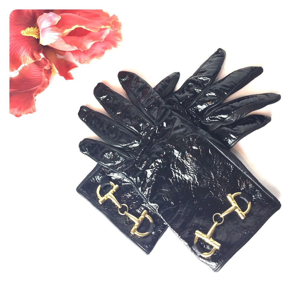 Black Patent Leather Gloves w/ Gold Horse Bit