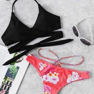 Black bikini top with floral bottoms