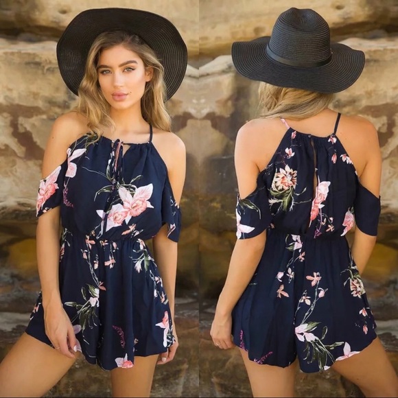 Navy Floral Off Shoulder Cami Open Back Romper - Picture 2 of 5
