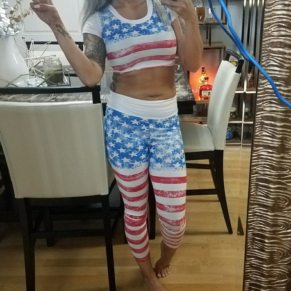 Patriotic crop top outfit.