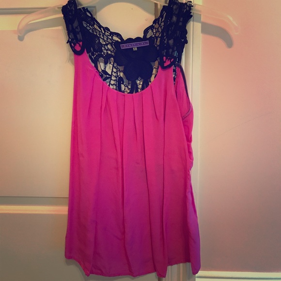 Pink/black silk top with lace detailing - Picture 1 of 2