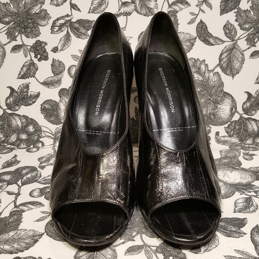 Sigerson Morrison Black Eel Leather Peeptoe Heels - Picture 2 of 5