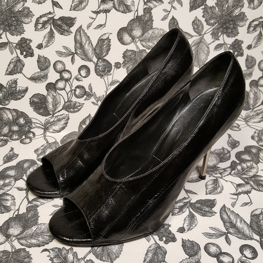 Sigerson Morrison Black Eel Leather Peeptoe Heels - Picture 4 of 5