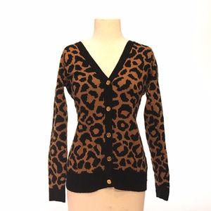 Gold Button V-neck Black Trim Leopard Sweater