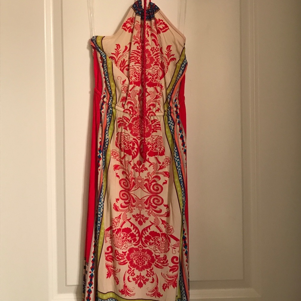 Red print maxi halter dress