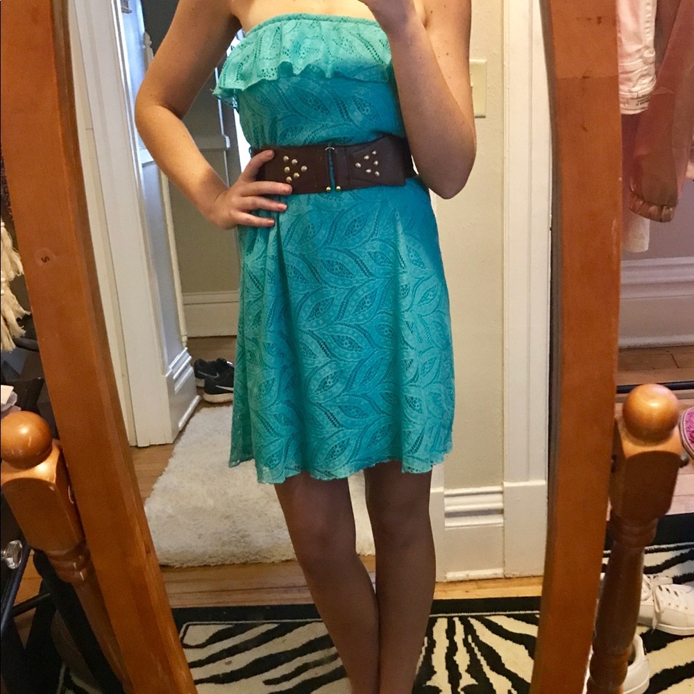 TEAL LACE DRESS WITH TAN BELT!! From Maurice's!