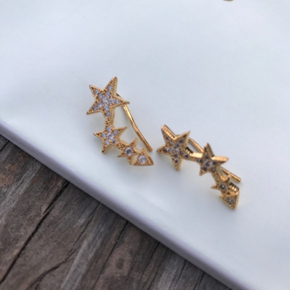 Gold CZ Stars Ear Crawler Earrings - Picture 2 of 3