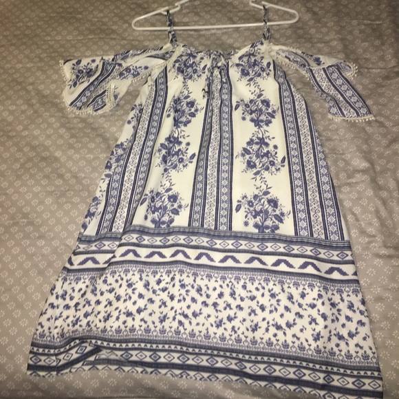 Blue and White Cold Shoulder Dress - Picture 2 of 2