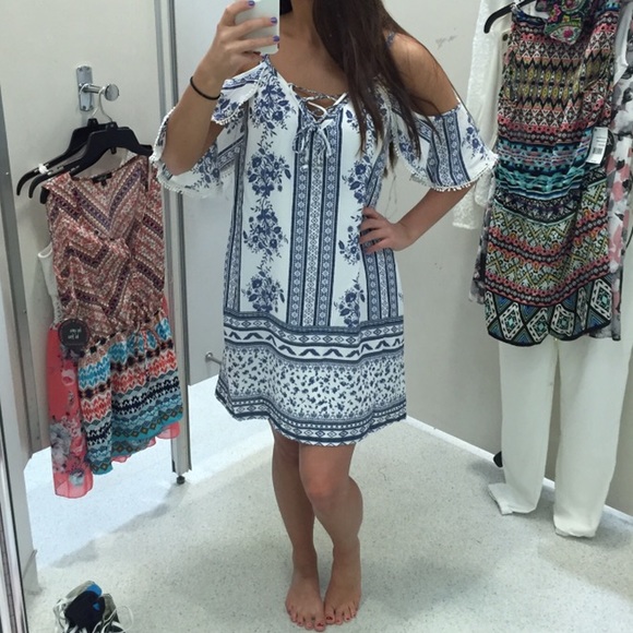 Blue and White Cold Shoulder Dress - Picture 1 of 2