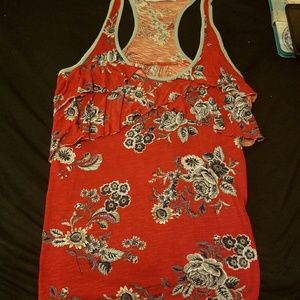Adorable red tank with blue and purple flowers
