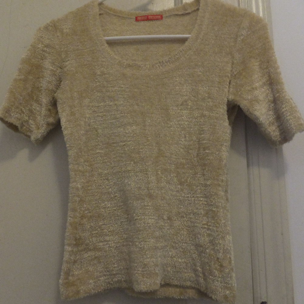 Light Tan Short Sleeve Knit Top w/ Furry Texture