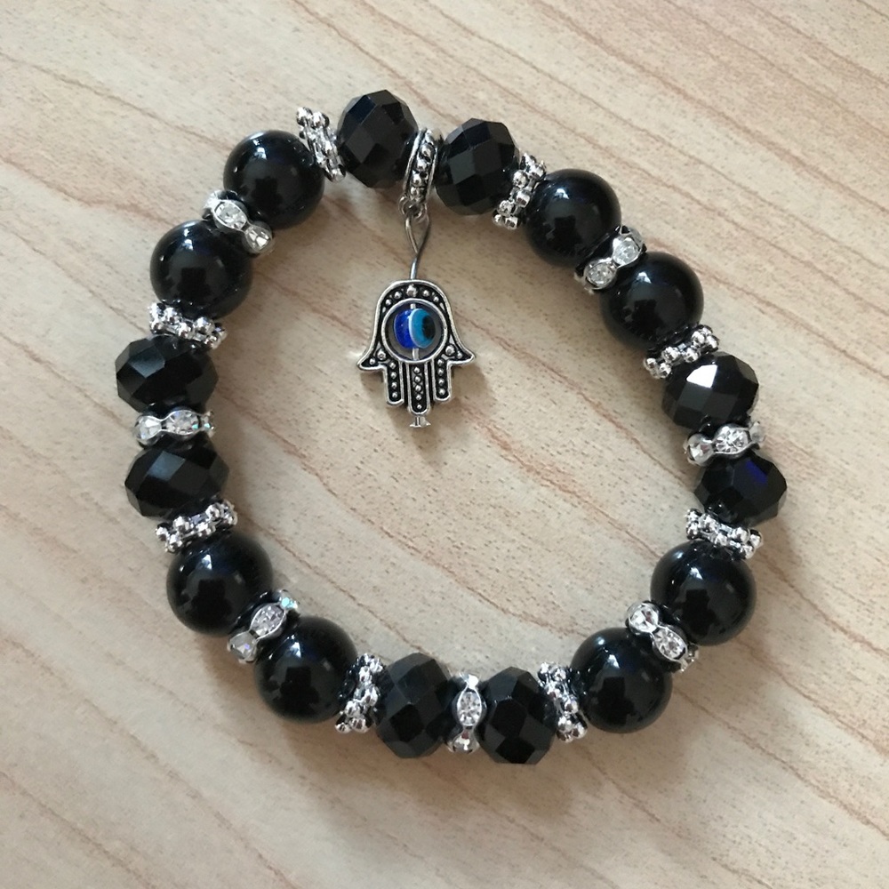 Adjustable Beaded jewelry Bracelet w/ Hamsha Rotating Eye