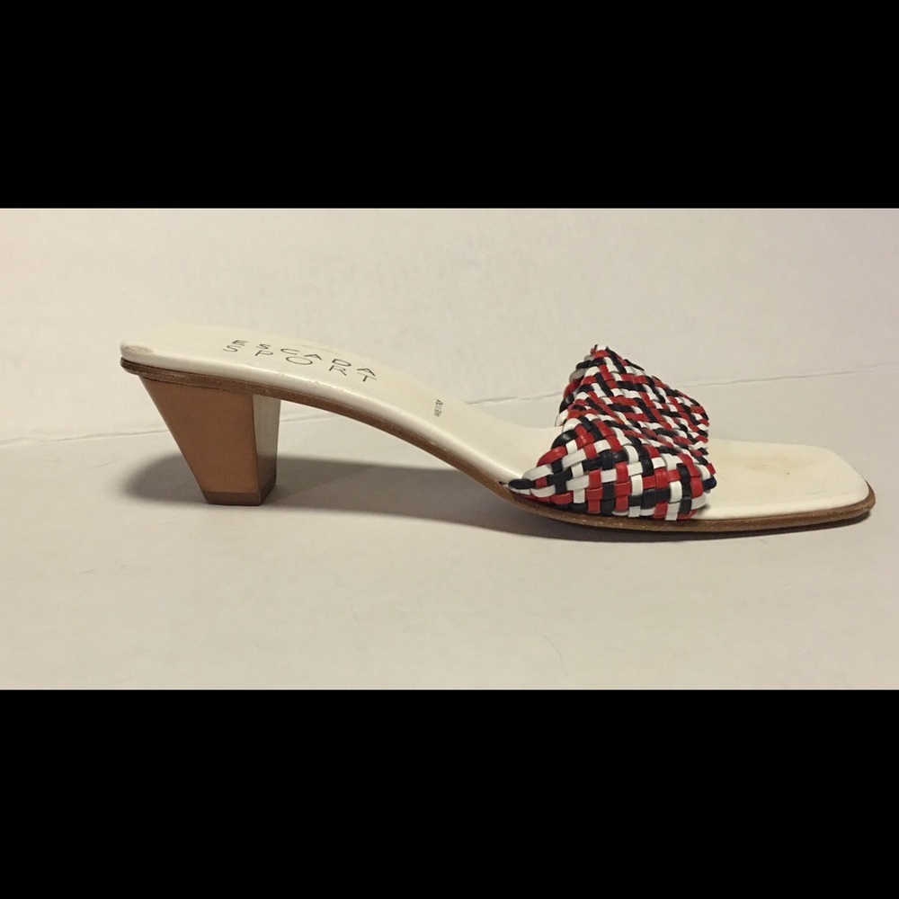 Escada Sport weave, tan wood heel sandal