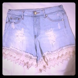 ripped/ distressed shorts with lace light wash