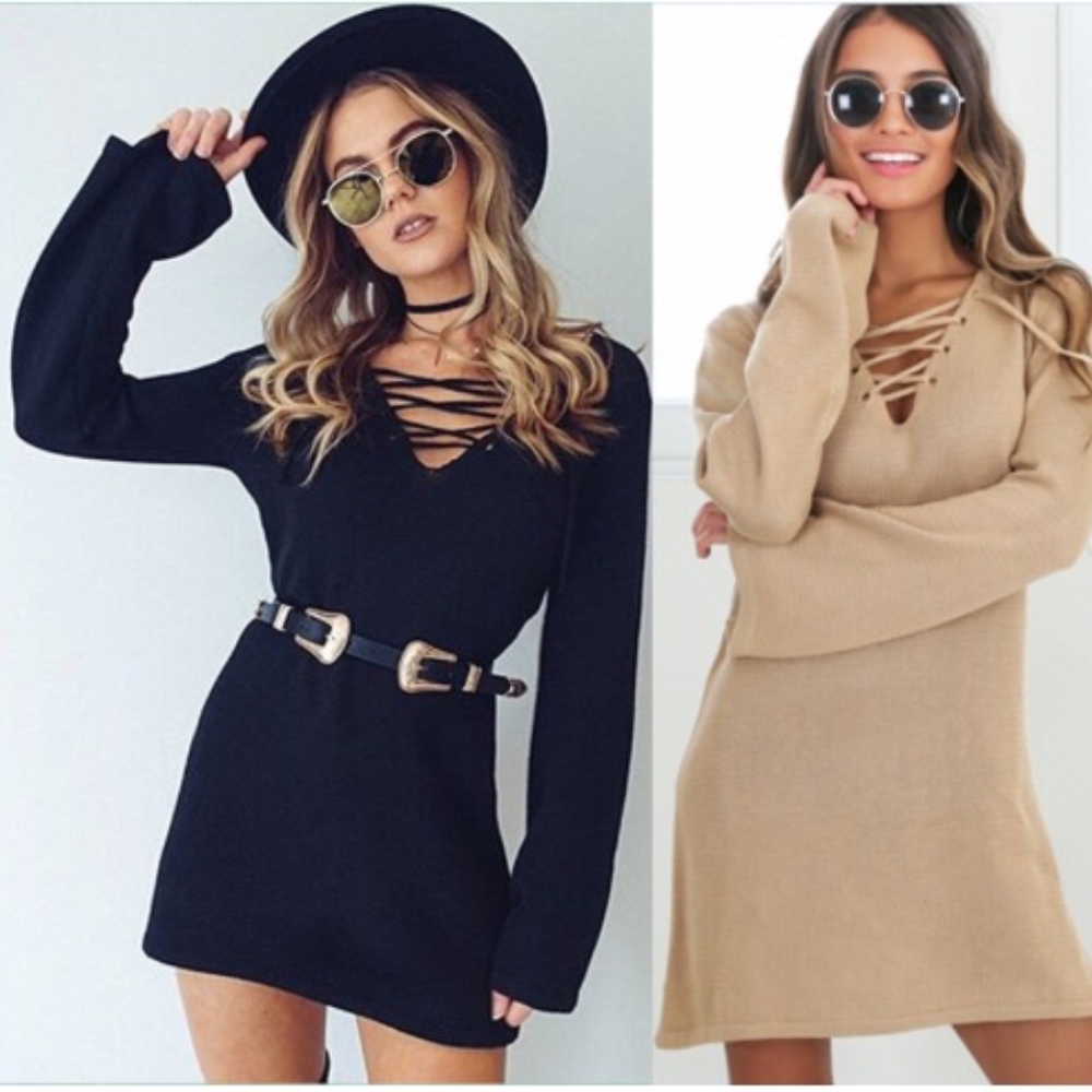 LACE-UP LONG SLEEVE SWEATER DRESS