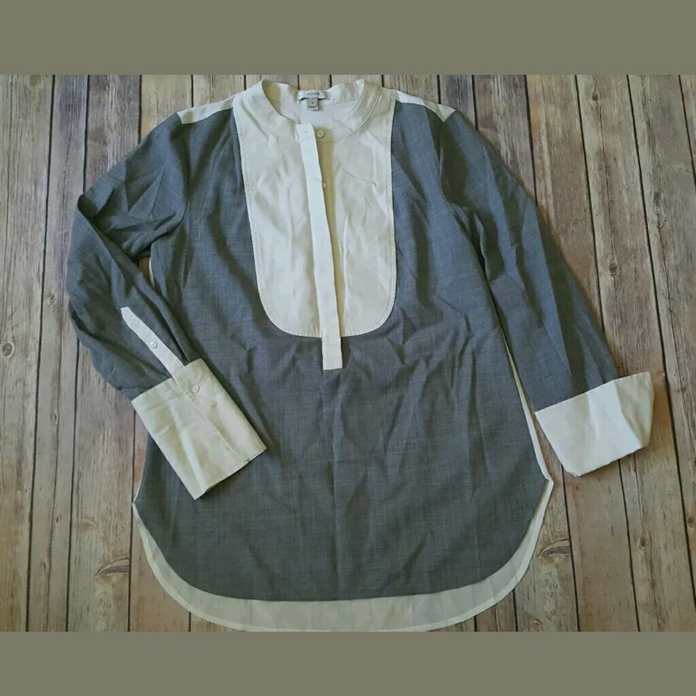 J.Crew Silk Wool Gray Mixed-media Bib Blouse 8