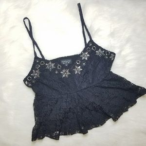 Topshop Lace Jeweled Crop Top