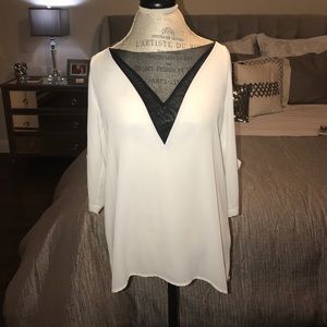 Black and White Mesh V Neck Blouse