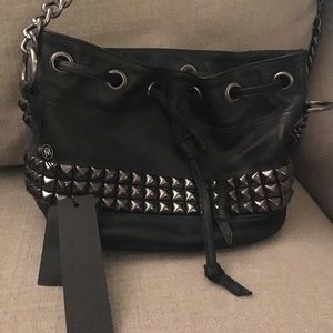 Genuine leather studded bucket bag