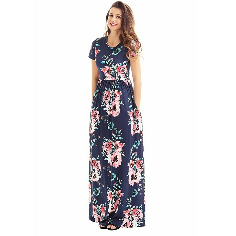Women's Floral Print Short Sleeve Long Maxi Dress