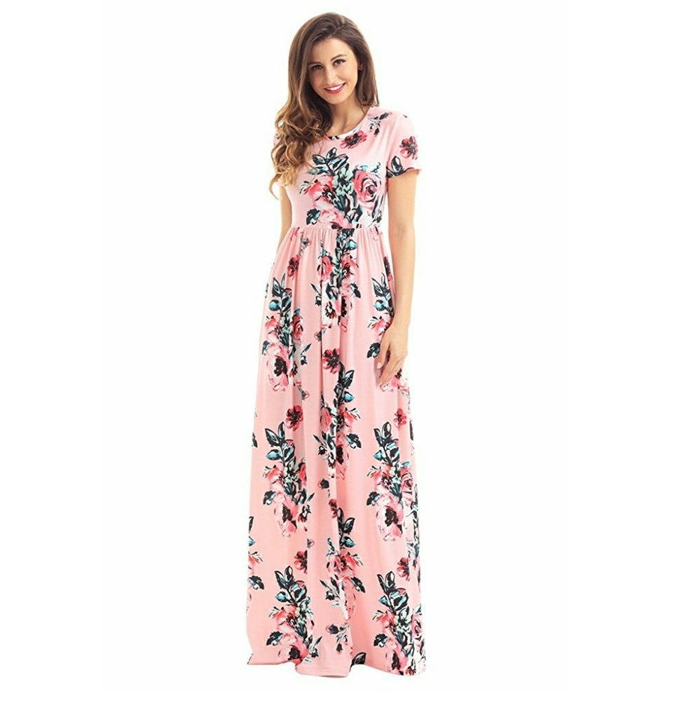 Women's Floral Print Short Sleeve Long Maxi Dress