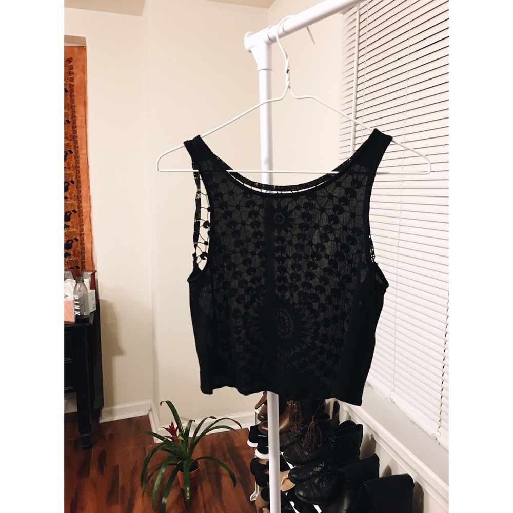 Black embroidered open back tank top