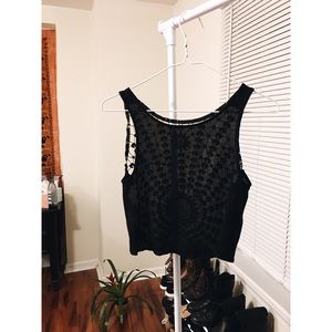 Black embroidered open back tank top