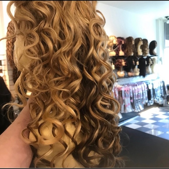 Wig Lacefront Human hair long curly blonde mix wig