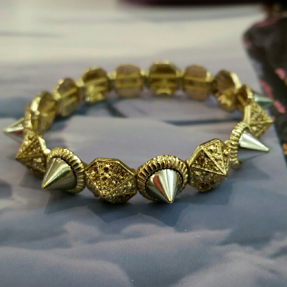 Silver & Gold Spike Nail Stretch Bangle Bracelet