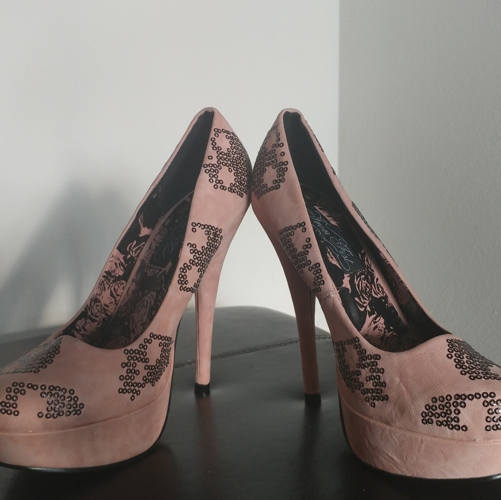 Iron Fist Heels: Blush Pink with Black Skulls