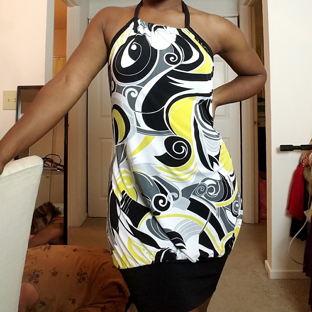 Black, white, and yellow dress