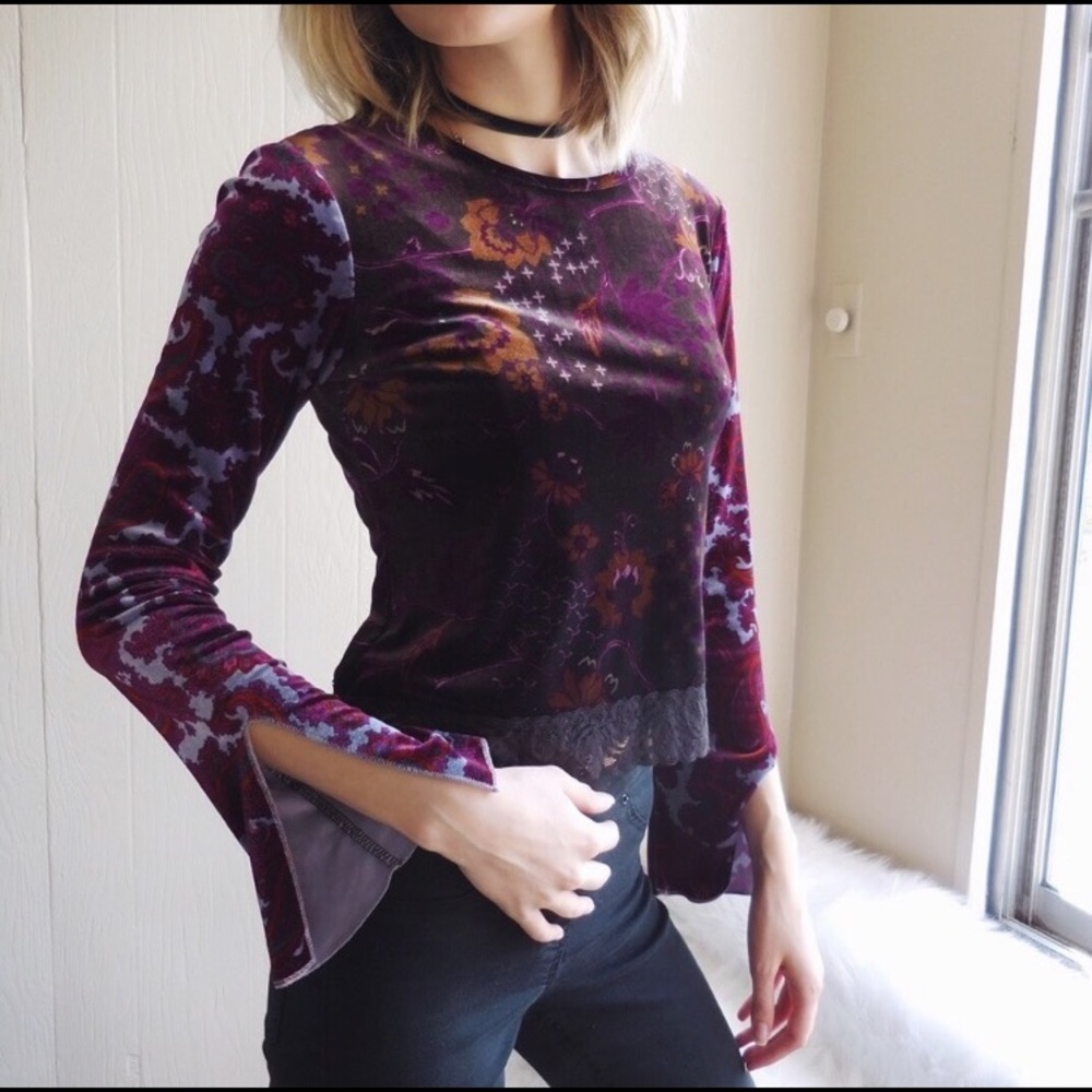 Unique velvet & lace bell sleeve top
