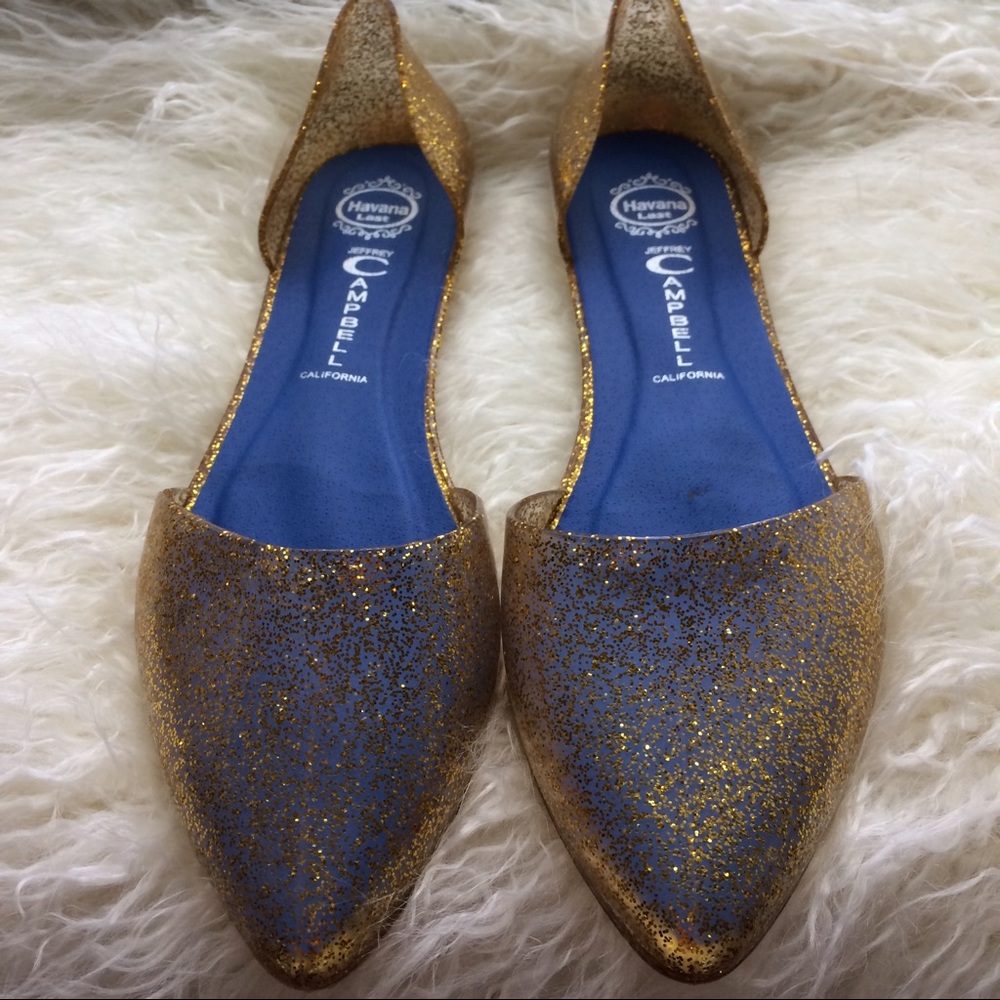 Jeffrey Campbell Gold glitter jelly flats.
