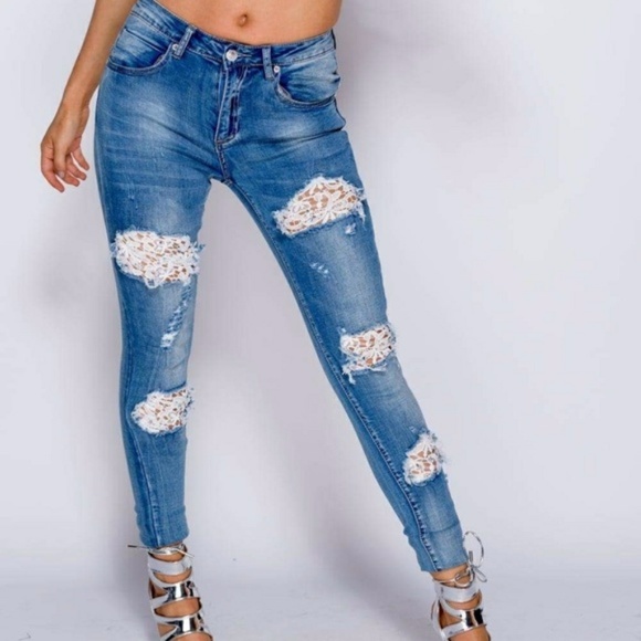 LACEY Crochet Lace Distress Skinny Jean - Picture 6 of 7