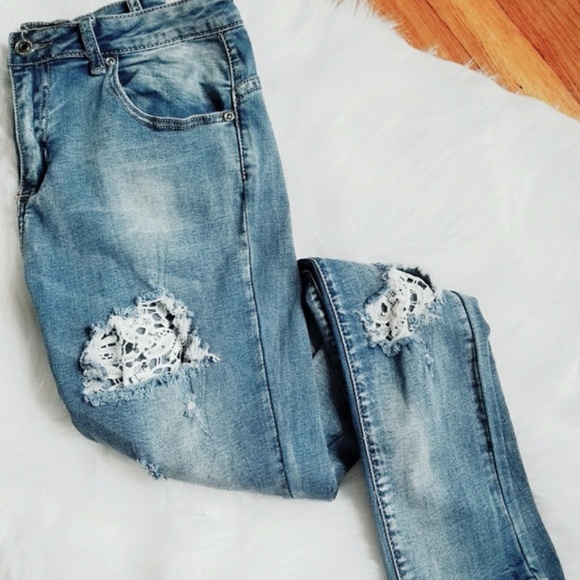 LACEY Crochet Lace Distress Skinny Jean - Picture 3 of 7