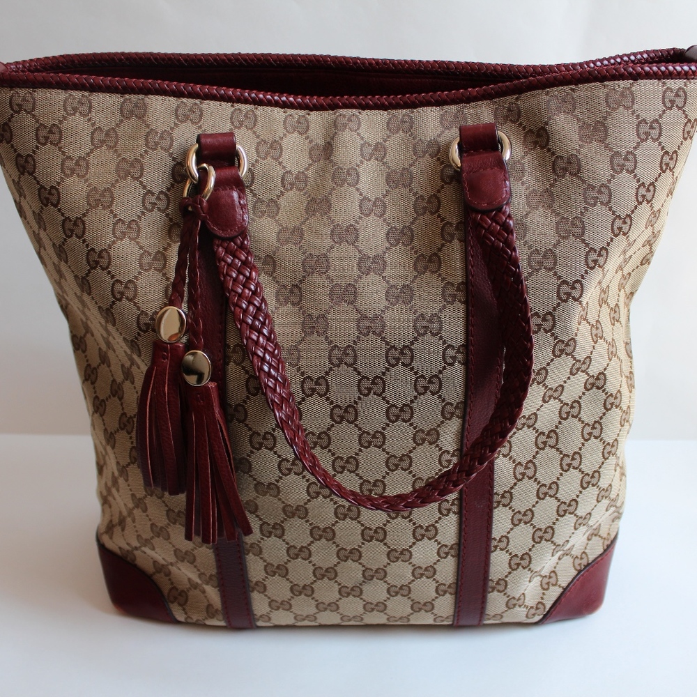 Gucci Monogram and Braided Leather Tassel Tote