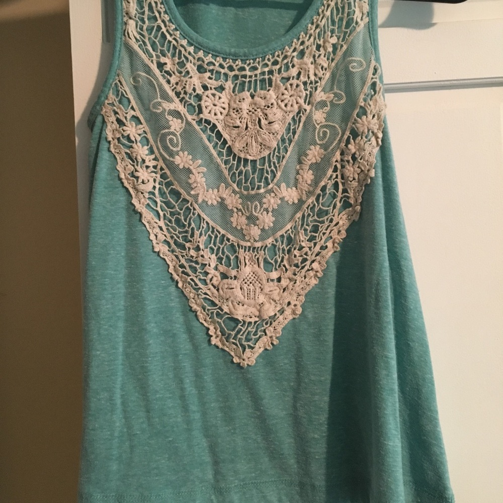 Teal tank top with lace detailing
