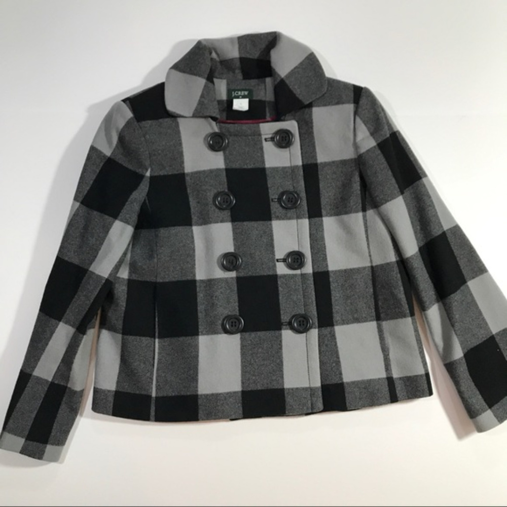 J. Crew Gray buffalo plaid double breasted peacoat