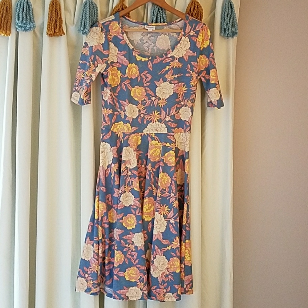 LuLaRoe Nicole Dress in blue, yellow, and peach