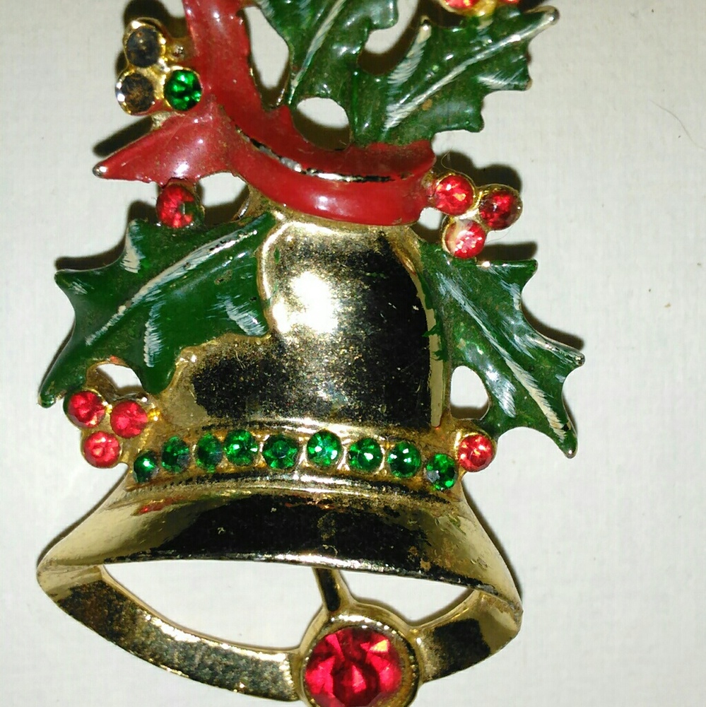 Signed BJ Christmas Brooch Rhinestone Pin
