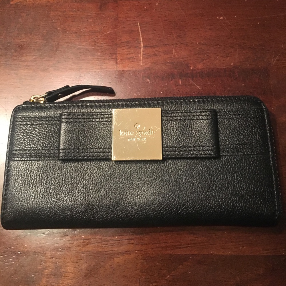 Kate Spade black leather zip around wallet with bow