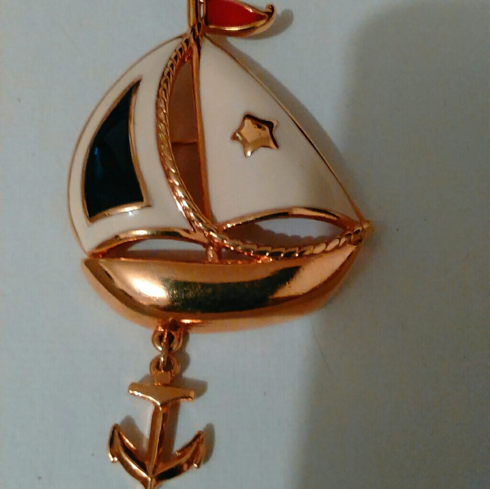 Large Enamel Sailboat and Anchor Brooch Pin