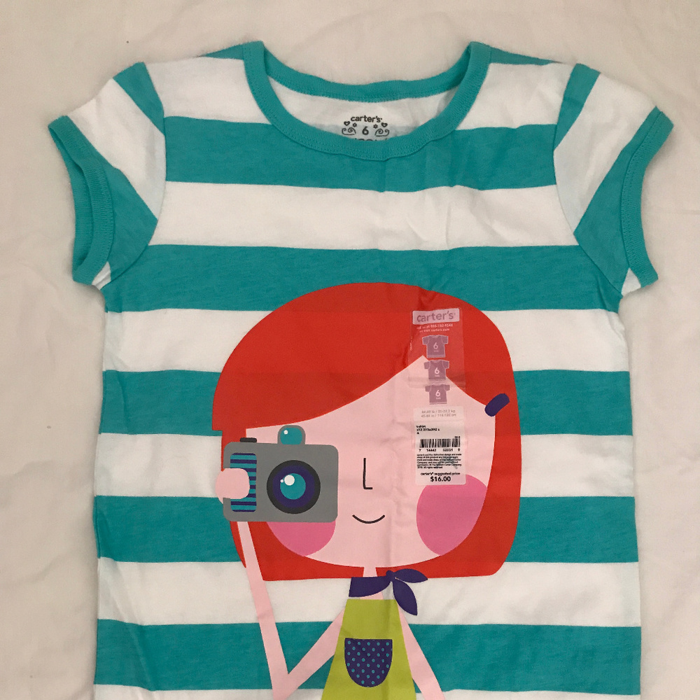 Carter's aqua stripe camera girl graphic tee S 5 6