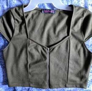 Army green, zip-front crop top